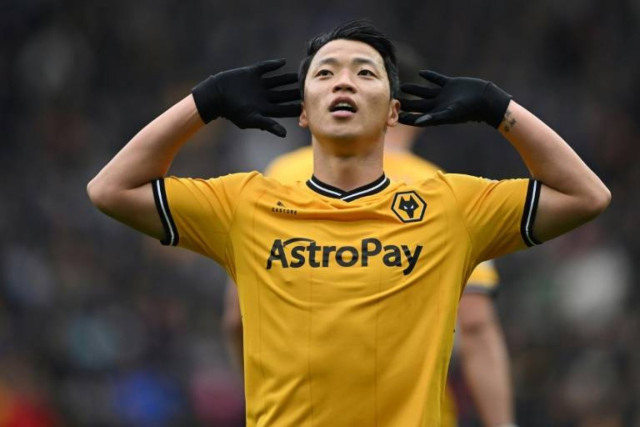 Wolves striker Hwang Hee-chan celebrates scoring against Luton Town at Molineux Stadium in April 2024